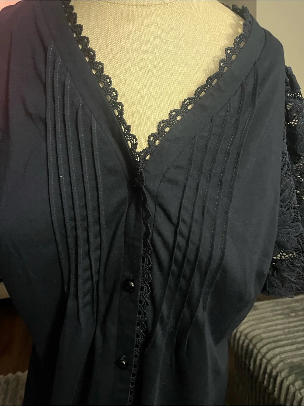 Navy Lace-Trim Button-Front Nightgown
